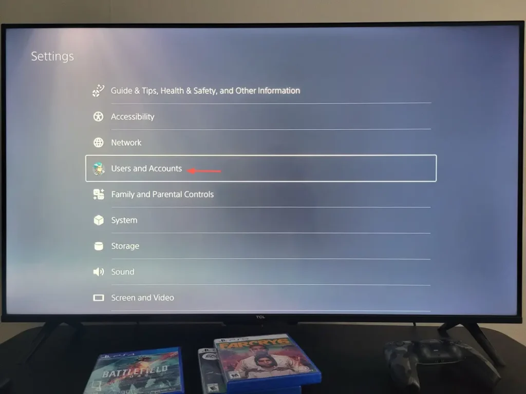 PS5 navigate to Users and Accounts